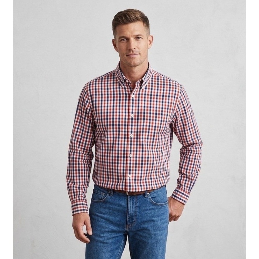 s End Mens XL 17-17.5 Classic Fit Long Sleeve Button Down Shirt Red White Plaid